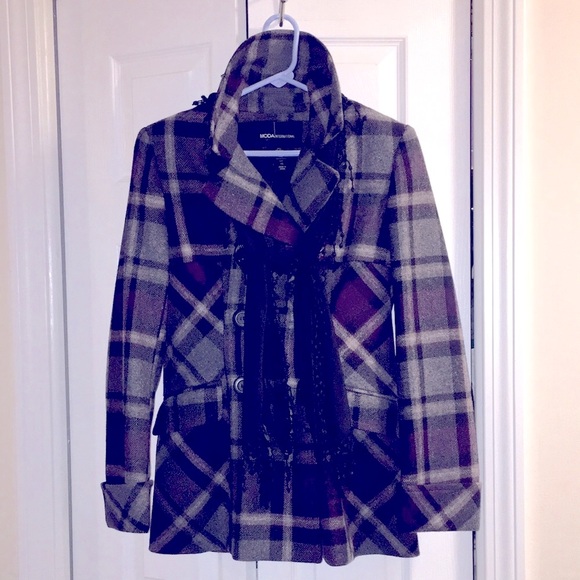 Moda International Wool Blend Purple Grey Plaid Tartan Winter Peacoat Women's XS - Picture 6 of 16
